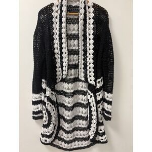 BOSTON PROPER Duster Women L Colorful Crochet Boho Gypsy Open Knit Long Sweater